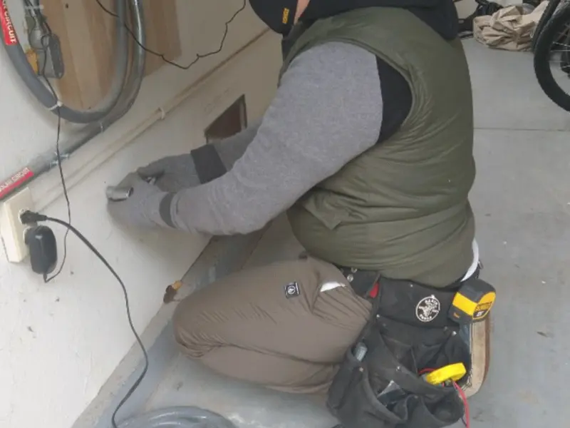 Electrician performing outlet wiring in a Scarsdale garage